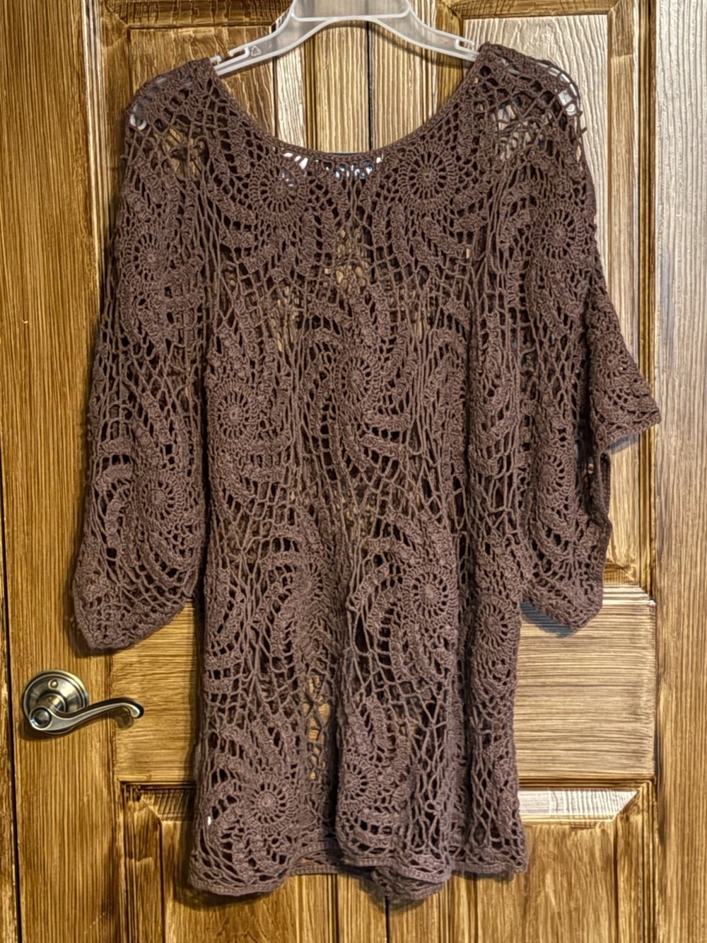 Denim 24/7 Chocolate Brown Crochet Open Knit Flowy Tunic Women’s Top Size Large - Picture 2 of 6
